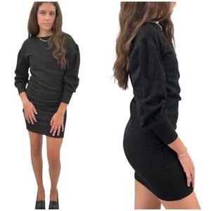 NEW Walter Baker Polly Mini Sweater Dress Puffy Sleeves Ribbed Knit Dark Gray XS